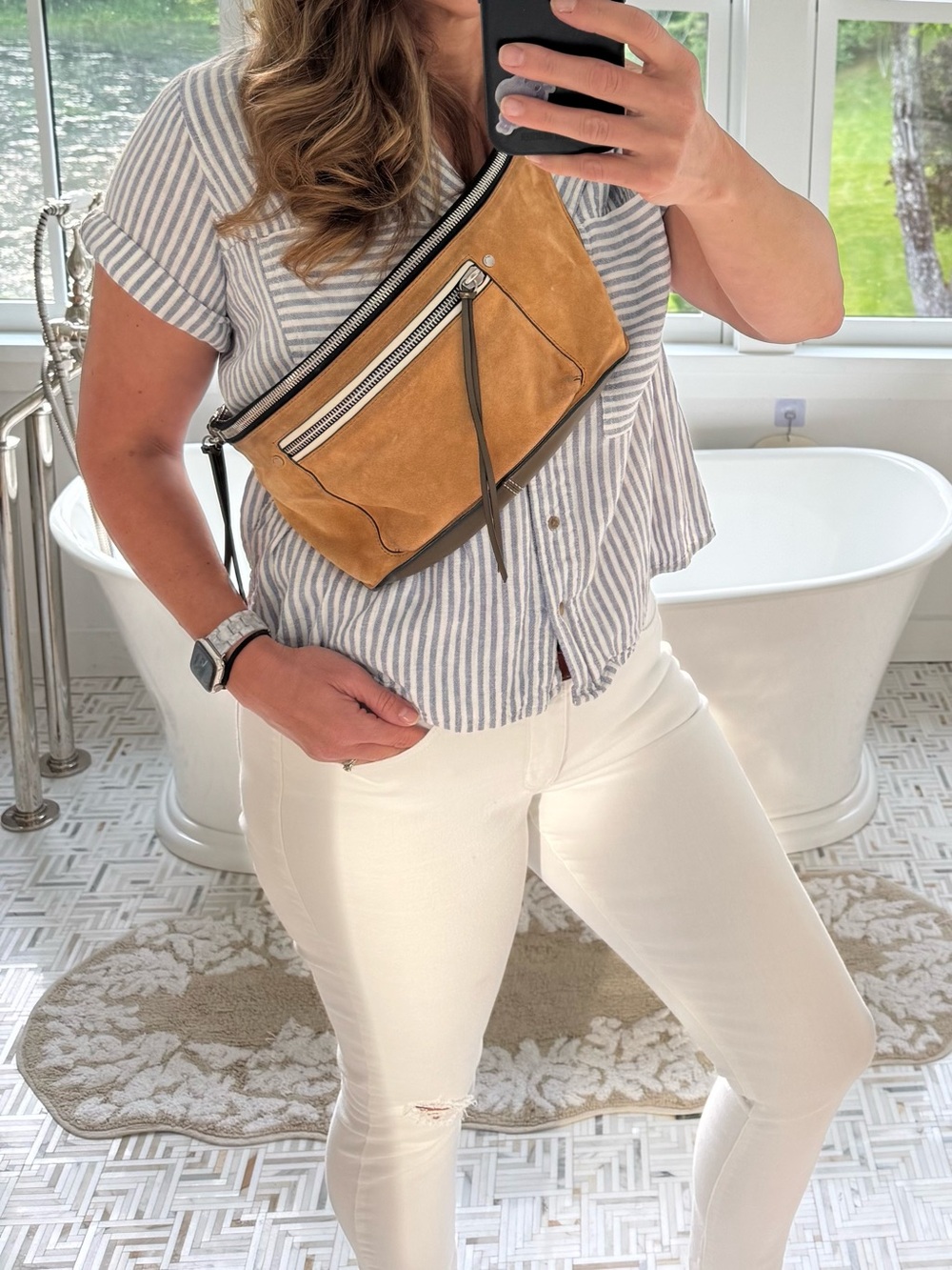 rag & bone Tan Suede and Brown Leather Crossbody Belt Bag with Silver Hardware - Picture 4 of 9